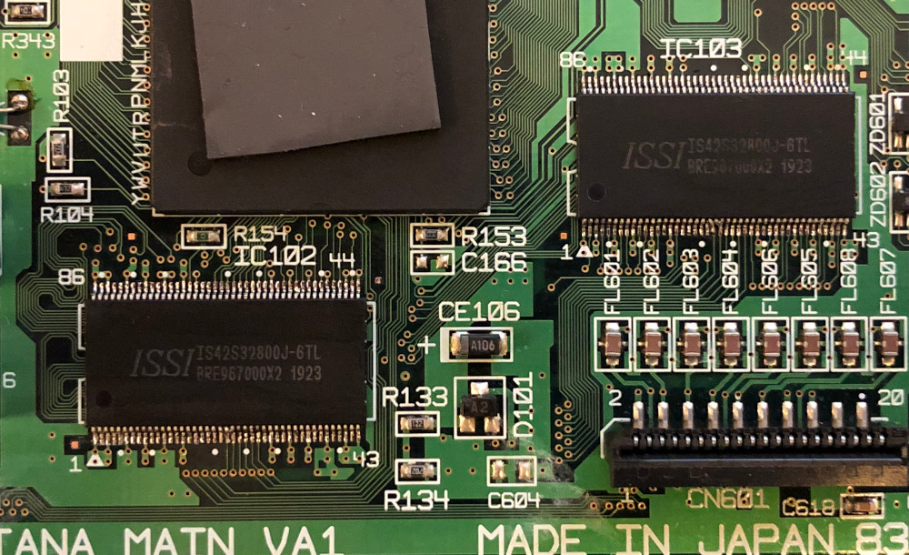A photo of new SDRAM chips installed on the Dreamcast
motherboard